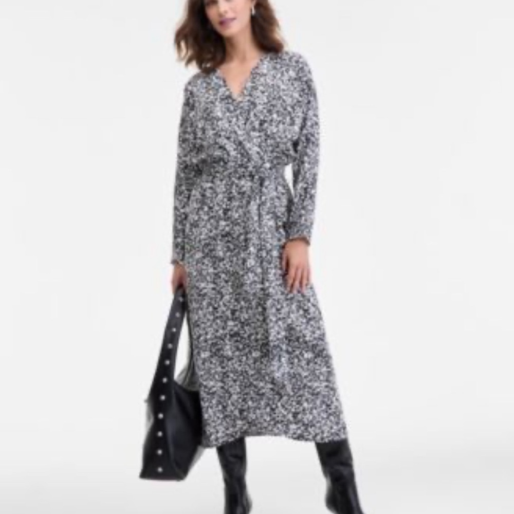 INC International Concepts Black and White Printed Midi Wrap Dress